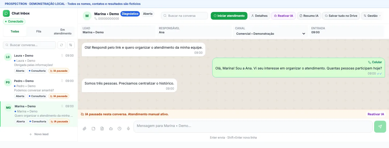 Chat Inbox · Atendimento: interface real com dados de demonstração.