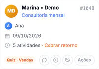 Card real do CRM: Marina • Demo, responsável Ana, tarefa cobrar retorno (dados fictícios).