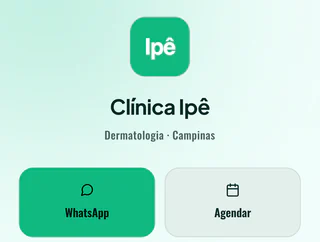 Tela real do Prospectron: bio da Clínica Ipê (Dermatologia, Campinas), com os botões WhatsApp e Agendar (dados fictícios).