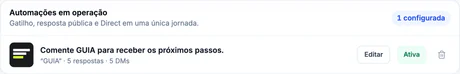 Automação real em operação: Comente GUIA para receber os próximos passos, com 5 respostas e 5 DMs, ativa (dados fictícios).