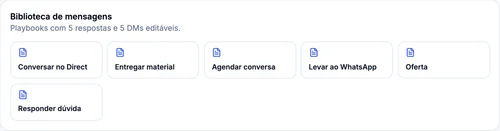 Biblioteca real de mensagens do Piloto: playbooks com 5 respostas e 5 DMs editáveis, como Conversar no Direct, Entregar material e Levar ao WhatsApp (dados fictícios).