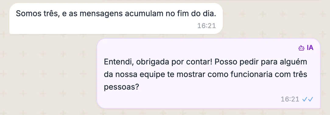 Última troca real da conversa de Sofia Campos: a mensagem dela e a resposta da agente Íris marcada como IA (dados fictícios).