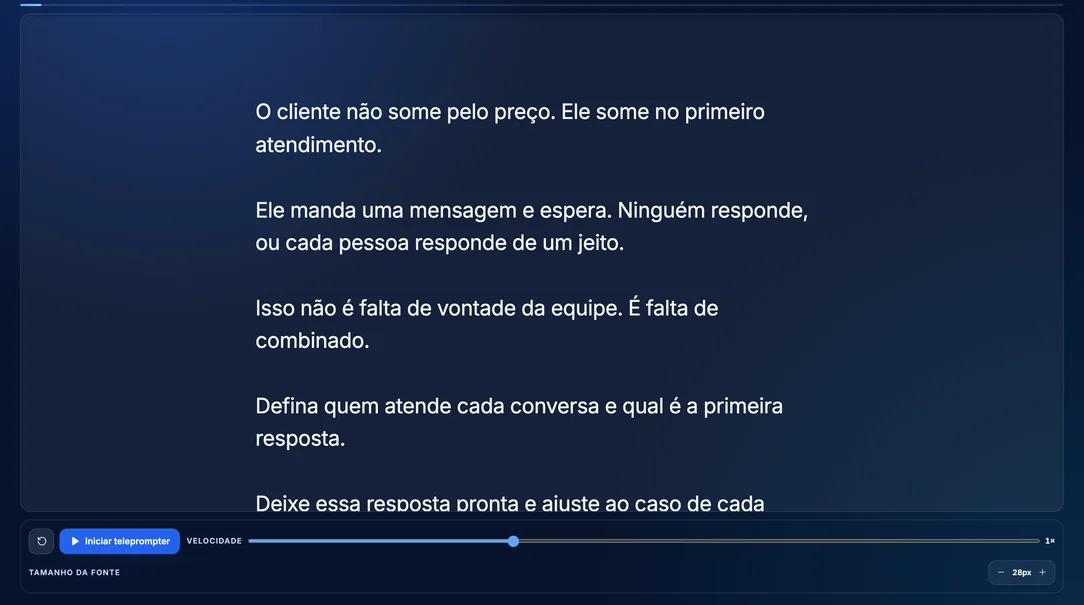Teleprompter real em tela cheia com a fala do roteiro de exemplo, o botão Iniciar teleprompter e os controles de velocidade e tamanho da fonte (dados fictícios).