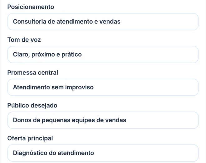 Campos reais da Identidade editorial da Consultoria Aurora, preenchidos: posicionamento Consultoria de atendimento e vendas, tom de voz Claro, próximo e prático, promessa central Atendimento sem improviso, público desejado Donos de pequenas equipes de vendas e oferta principal Diagnóstico do atendimento (dados fictícios).