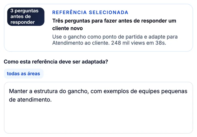 Modelar referência real: a referência selecionada, com a capa e o resumo do vídeo Três perguntas para fazer antes de responder um cliente novo, e o campo Como esta referência deve ser adaptada, preenchido (dados fictícios).