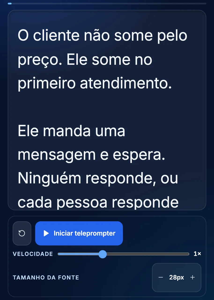 Teleprompter real do Conteúdo Viral no celular, com a fala de um roteiro de exemplo da Consultoria Aurora, o botão Iniciar teleprompter e os controles de velocidade e tamanho da fonte (dados fictícios).
