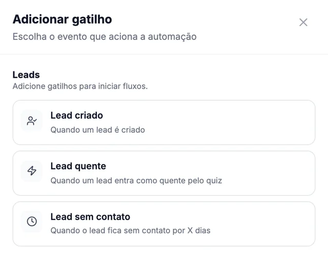 Janela real Adicionar gatilho com os gatilhos de leads: Lead criado, Lead quente e Lead sem contato (dados fictícios).