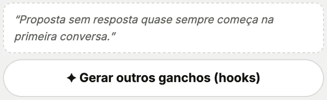 Aba Texto IA real: o título atual da capa entre aspas e o botão Gerar outros ganchos (dados fictícios).