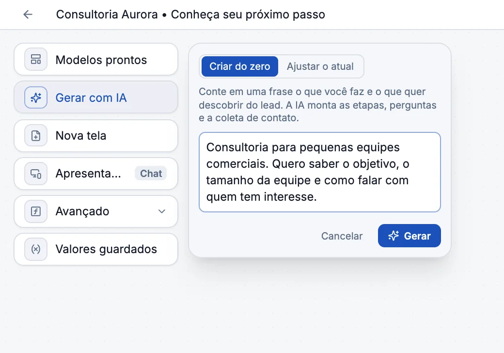 Painel Gerar com IA real do construtor do quiz: Criar do zero, o negócio descrito em uma frase e os botões Cancelar e Gerar (dados fictícios).