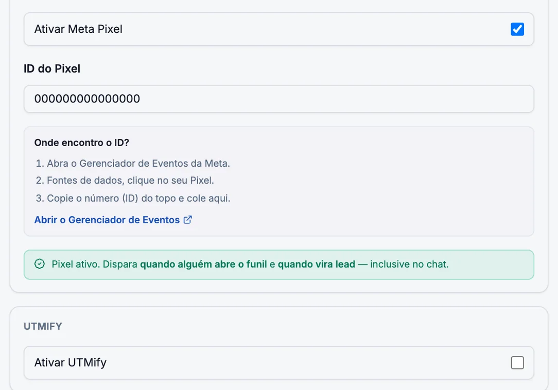 Integração real do quiz com o Meta Pixel: Ativar Meta Pixel marcado, ID fictício, onde encontrar o ID e o aviso Pixel ativo, que dispara quando alguém abre o funil e quando vira lead (dados fictícios).