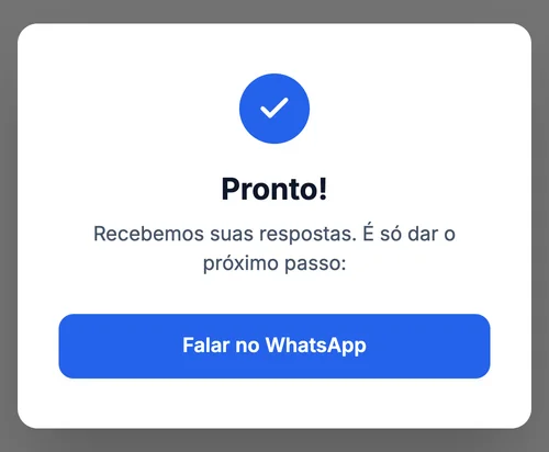 Fim real do quiz em Página: Pronto! Recebemos suas respostas. É só dar o próximo passo, com o botão Falar no WhatsApp (dados fictícios).