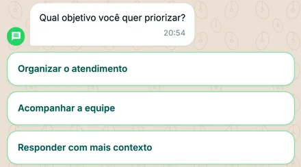 Quiz real em Chat: a pergunta Qual objetivo você quer priorizar? com as opções em botões (dados fictícios).