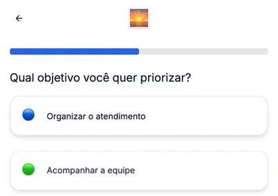O mesmo quiz em Página: barra de progresso, a pergunta Qual objetivo você quer priorizar? e as opções (dados fictícios).