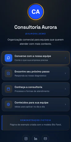 Meu Link: página da Consultoria Aurora com os caminhos Converse com a nossa equipe, Encontre seu próximo passo, Conheça a consultoria e Conteúdos para sua equipe