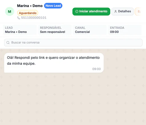 Chat Inbox: conversa da Marina, que respondeu pelo link, com lead, responsável e canal