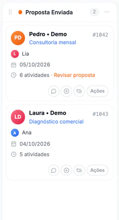 CRM: coluna Proposta Enviada do funil da Consultoria Aurora, com cards de leads, responsáveis e próxima ação