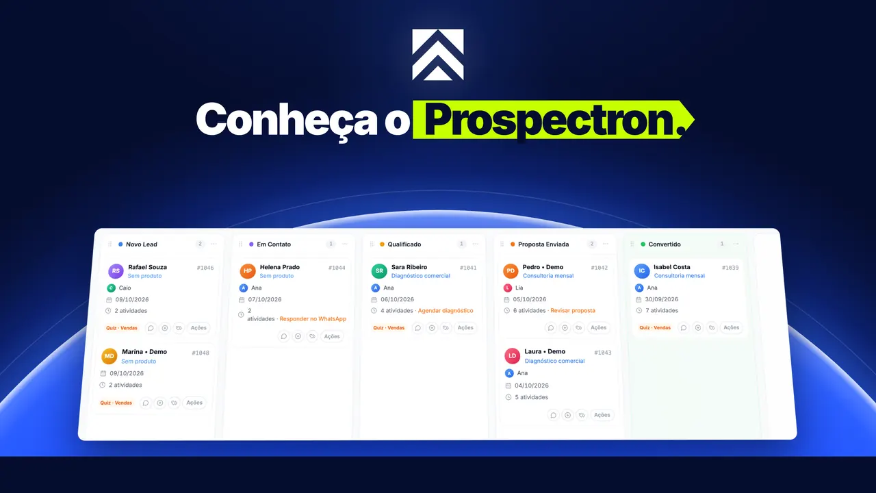 Abertura do vídeo: Conheça o Prospectron, com o quadro de leads do CRM em perspectiva.
